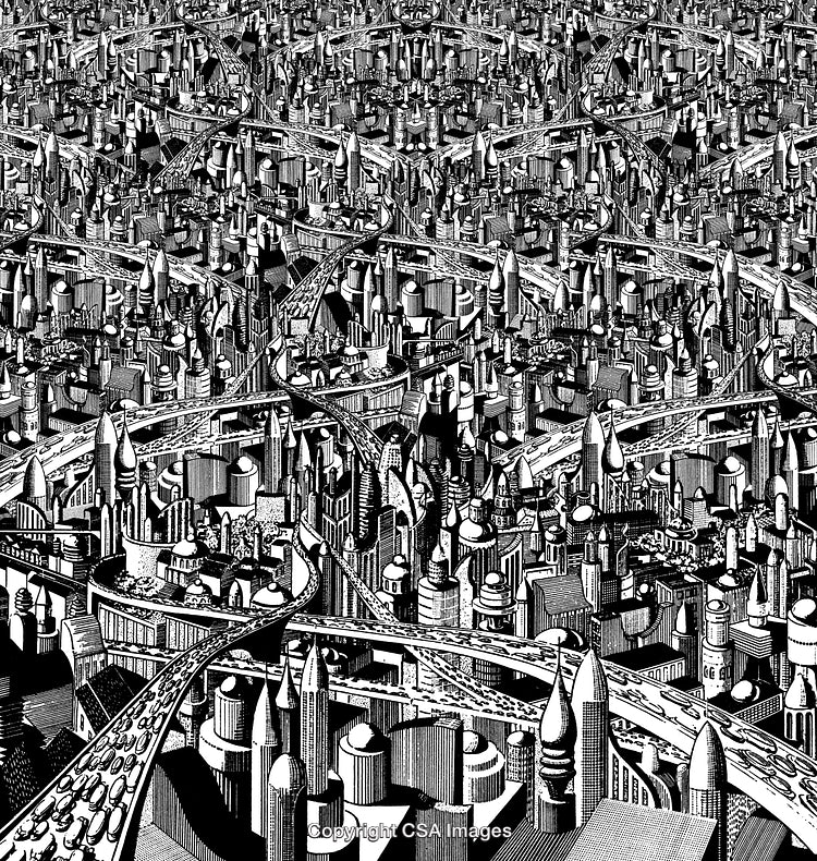 Intricate Black and White Engraving of a Futuristic Urban Landscape