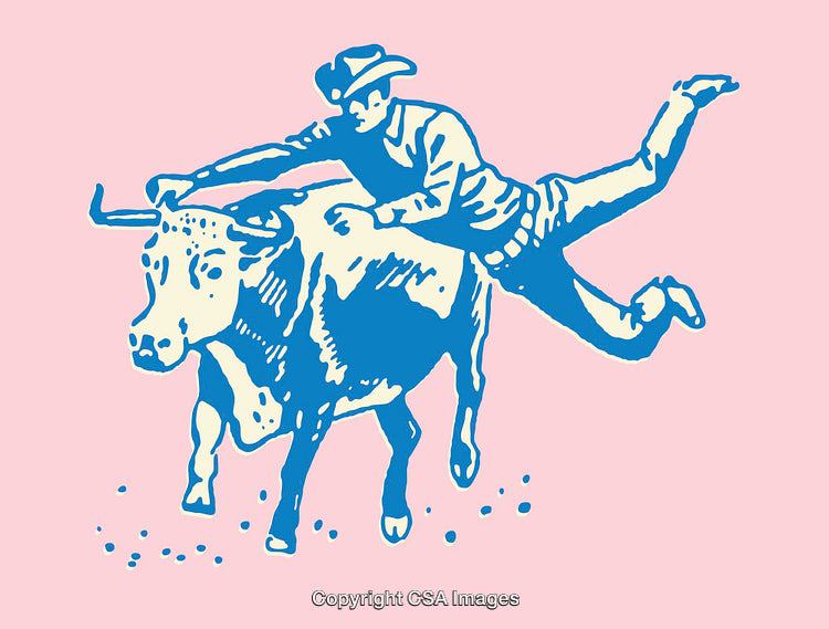 Blue Line Art of a Cowboy Riding a Bucking Bull on Pink