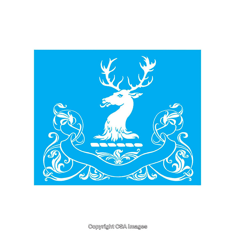 Elegant Heraldic Design Featuring Deer with Intricate Flourishes on Blue Background
