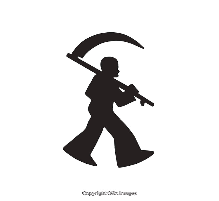 Silhouette Illustration of Person Carrying Farming Tool in Black and White