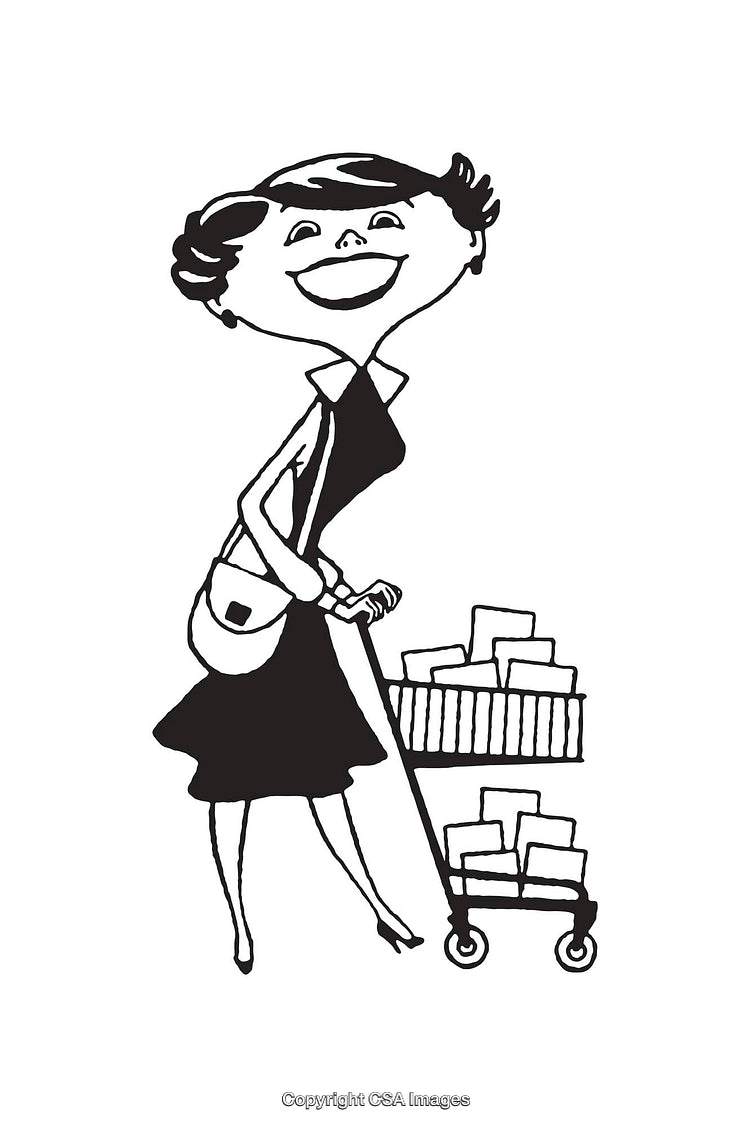 Black and White Retro Line Art of Woman Shopping with Cart