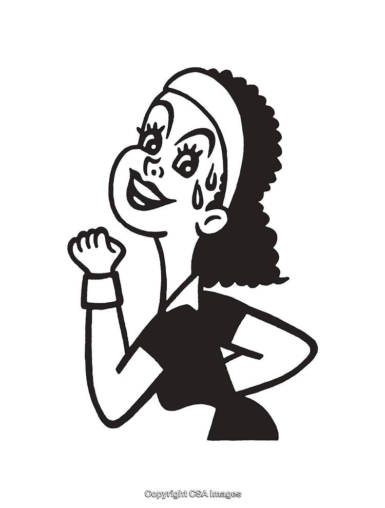 Black And White Illustration of a Workout Enthusiast with Sweat Drops and a Smile