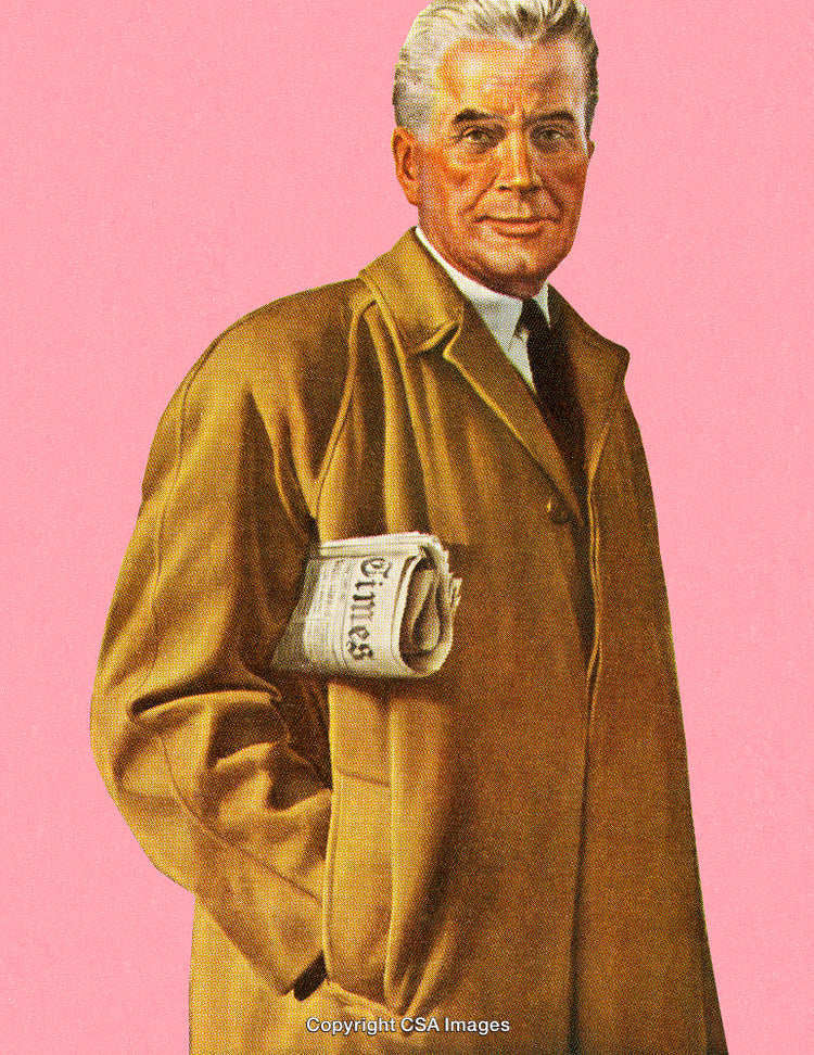 Elegant Gentleman Holding Newspaper on Pink Background