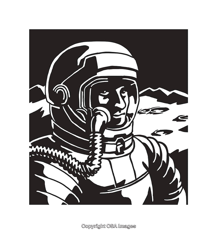 Black and White Illustration of an Astronaut Exploring an Alien Surface with Mountains