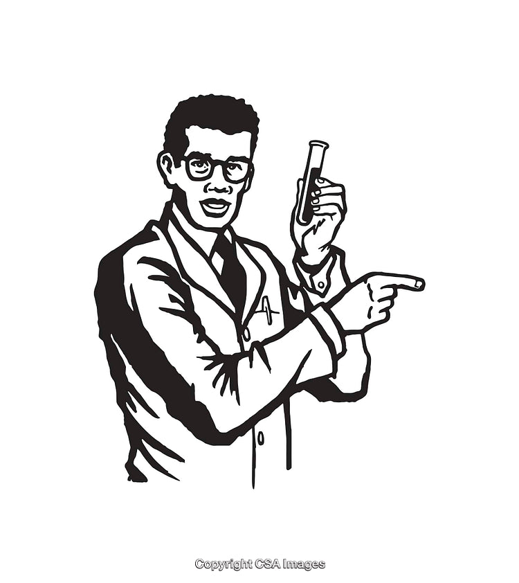Black and White Drawing of Scientist Holding Test Tube and Pointing
