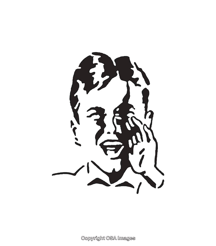 Black and White Line Art of Smiling Person Shouting Cheerfully