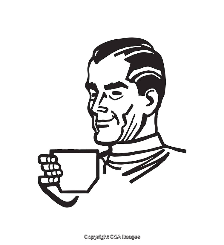 Retro Black And White Line Art of Man Holding a Coffee Cup