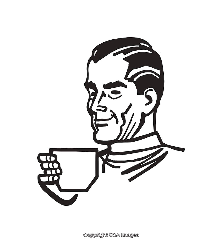 Retro Black And White Line Art of Man Holding a Coffee Cup
