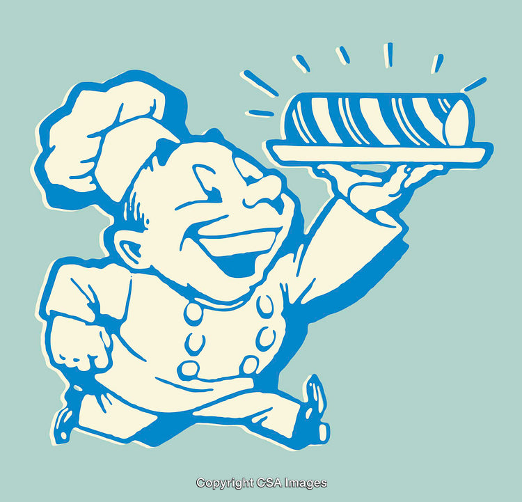 Vintage Chef Illustration Holding a Plated Pastry in Color Art Style