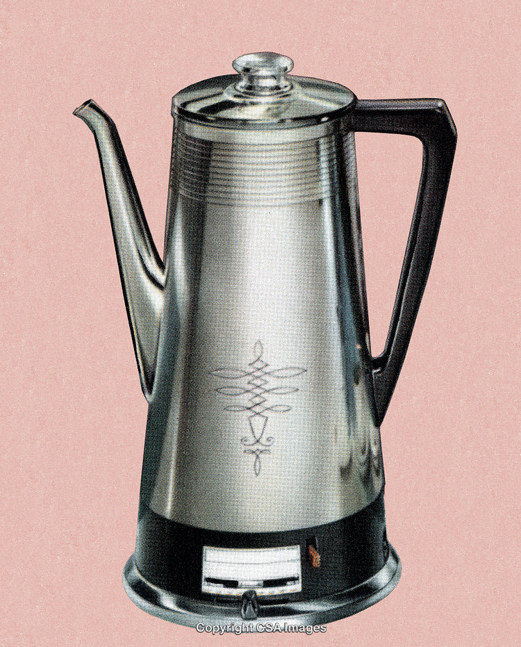 Vintage Chrome Coffee Percolator with Retro Dot Screen Finish on Soft Background