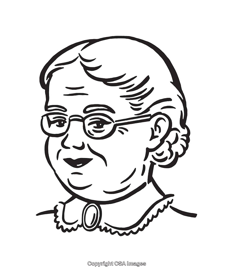 Black and White Line Drawing Portrait of Elderly Woman Wearing Glasses