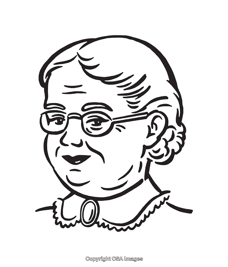 Black and White Line Drawing Portrait of Elderly Woman Wearing Glasses