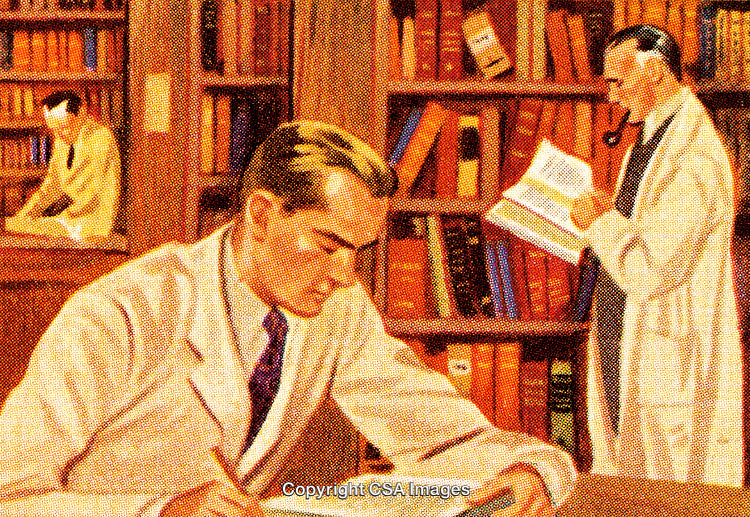 Vintage Illustration of Scientists Working in a Library with Bookshelves