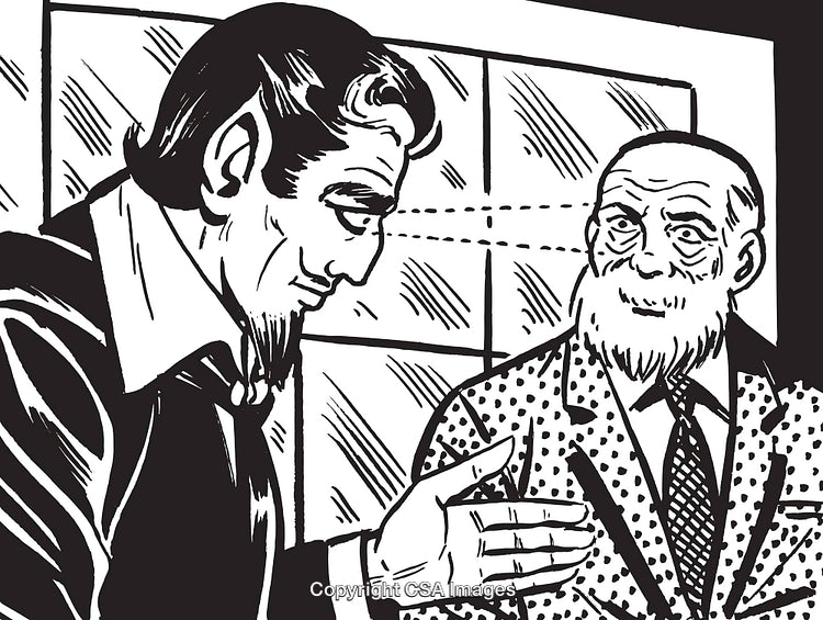 Vintage Black and White Illustration of Two Men in Conversation