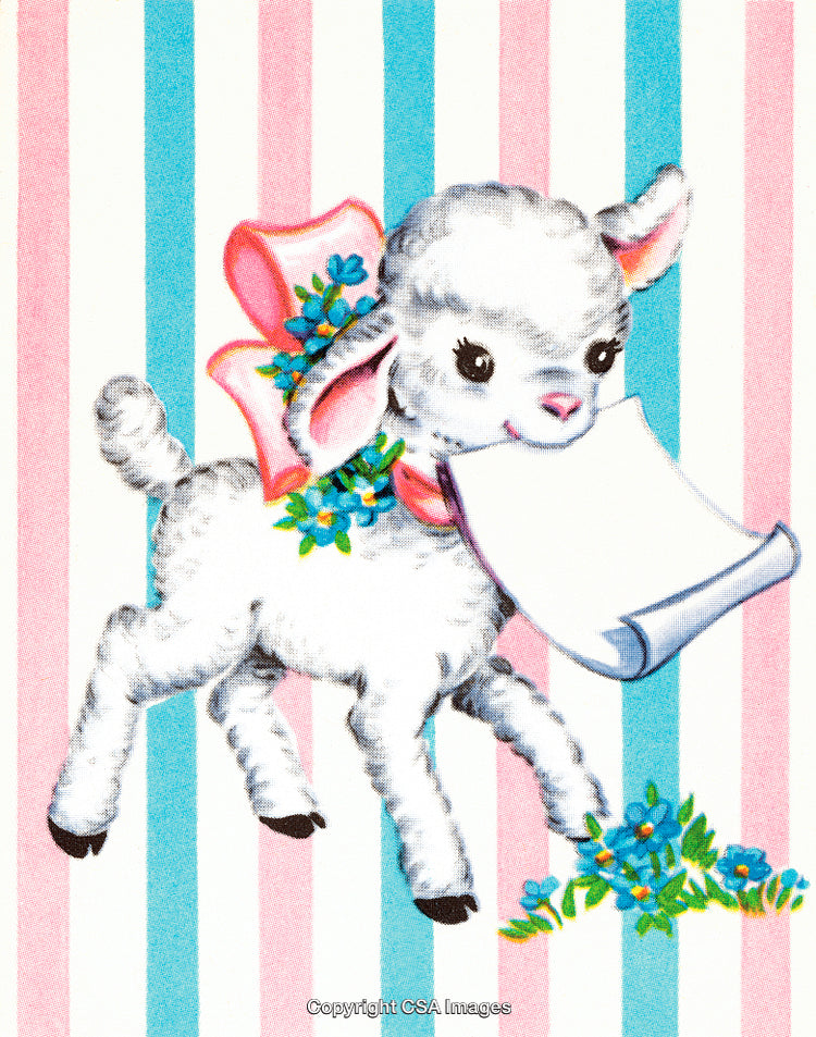 Cute Lamb Illustration With Flowers and Striped Pastel Background