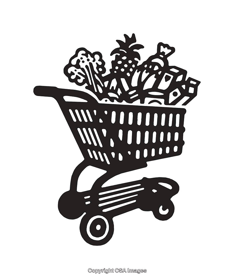 Shopping Cart Filled With Groceries Black and White Line Art Illustration
