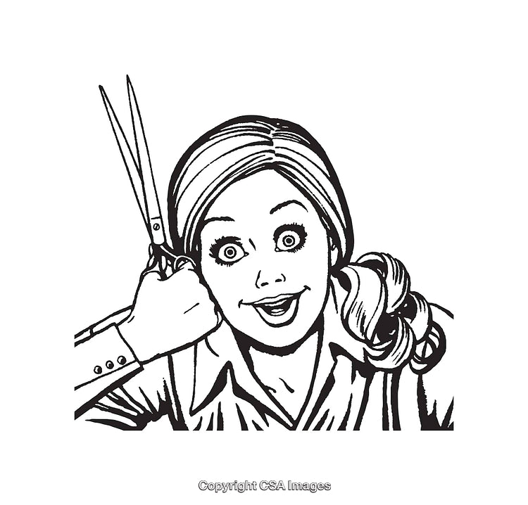 Black and White Retro Woman Smiling Holding Scissors in Line Art Style