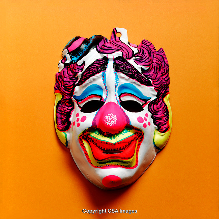 Colorful Clown Mask with Artistic Details on Orange Background