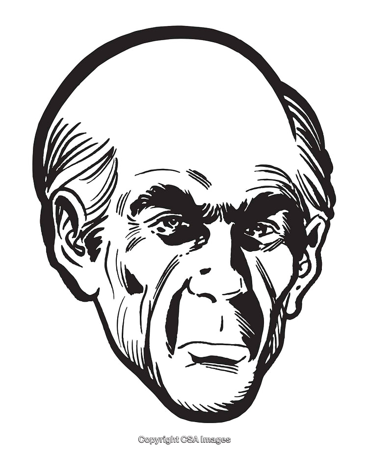 Detailed Black and White Illustration of a Serious Human Face