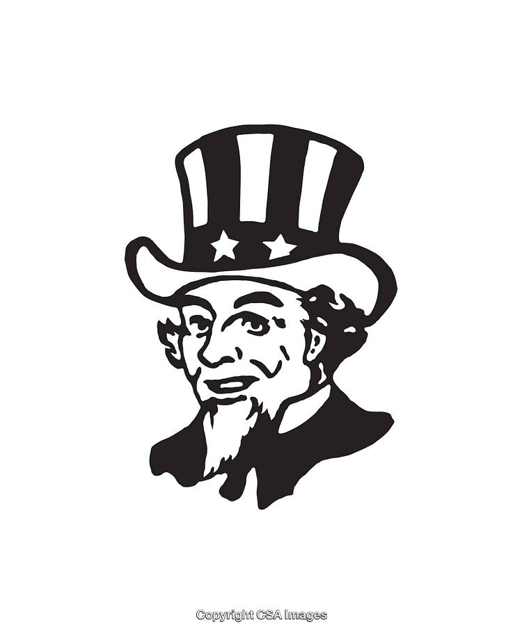 Black and White Line Art of Patriotic Hat-Wearing Figure Illustration