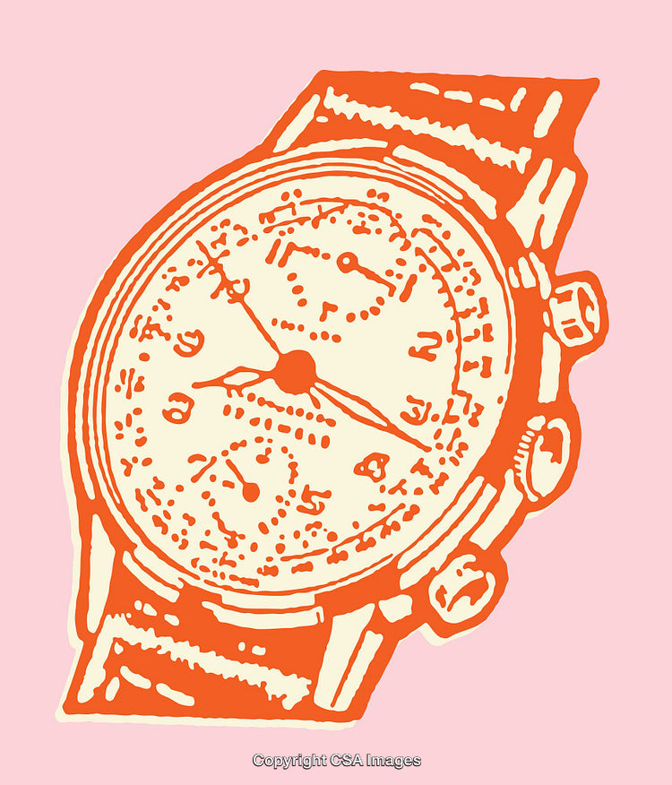 Illustration of Vintage Watch with Bold Orange and Pink Color Palette