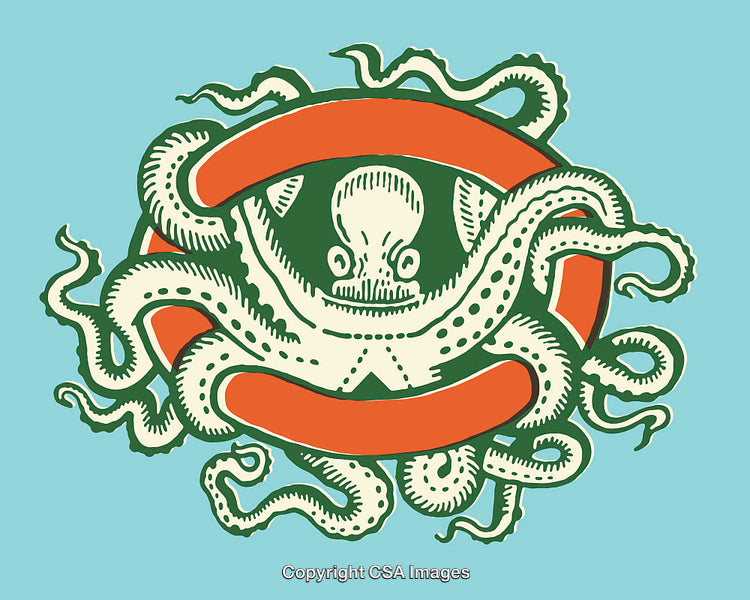 Colorful Vintage Line Art of Octopus with Nautical Elements