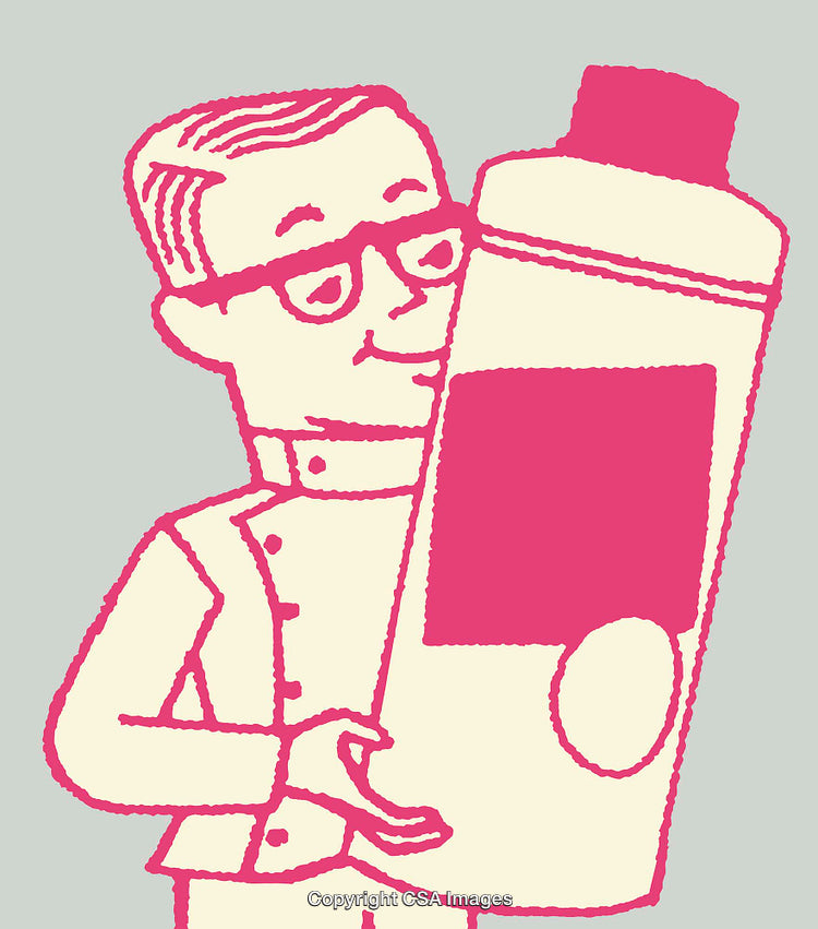 Whimsical Line Art Illustration of a Scientist Holding a Bottle