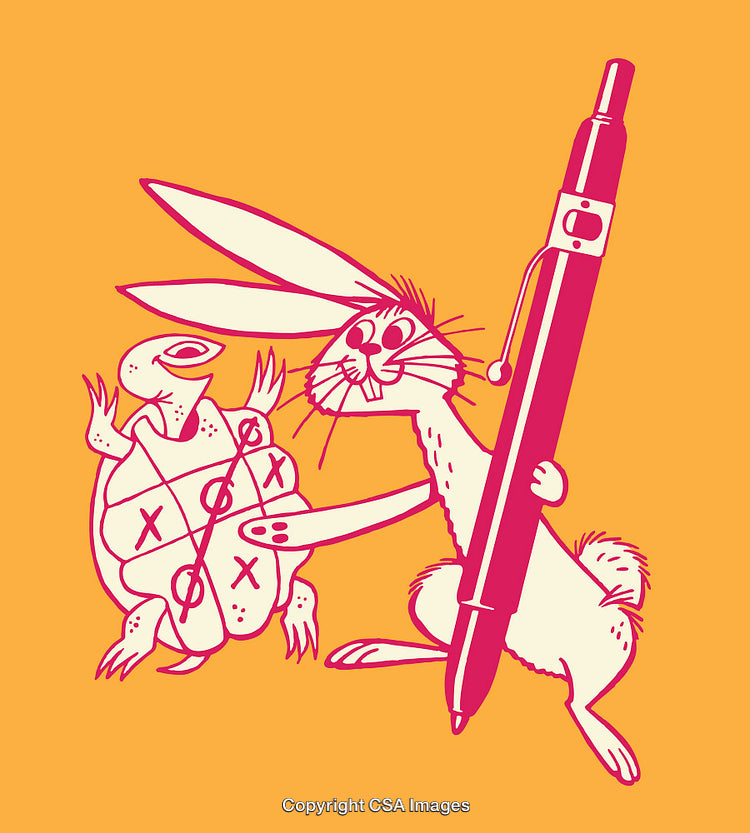 Rabbit and Tortoise Playing Tic-Tac-Toe in Vibrant Colorful Illustration