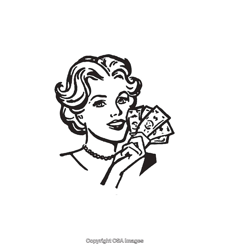 Retro Line Art of Woman Holding Money With Stylish Expression