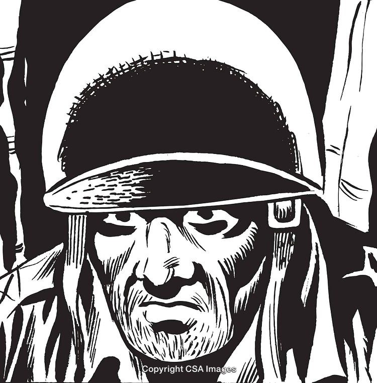Illustrated Soldier in Helmet in Black and White Graphic Style