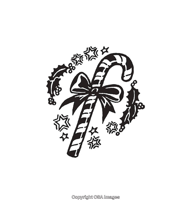 Festive Candy Cane with Bow and Holly in Monochrome Line Art