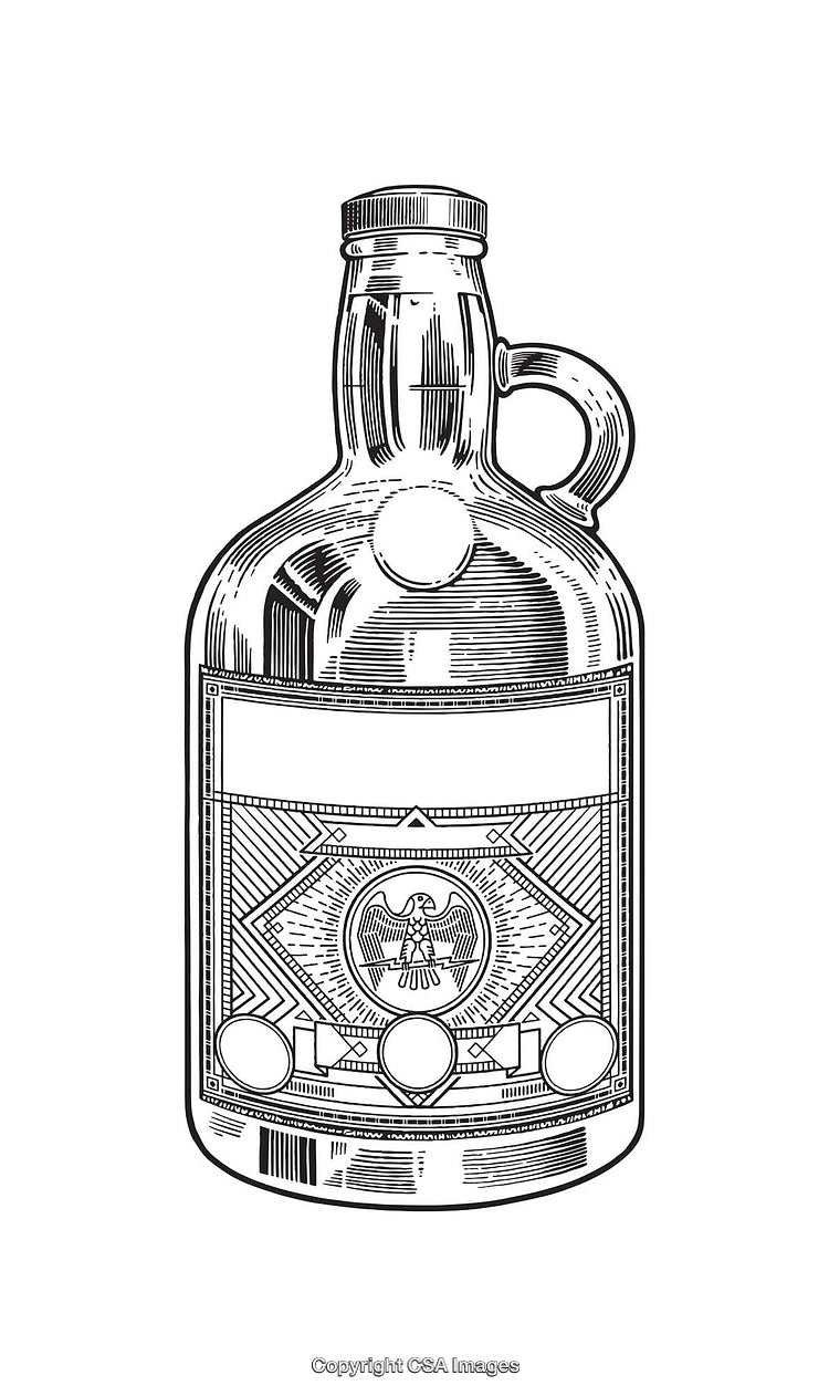 Black and White Line Art Illustration of a Vintage Drink Bottle