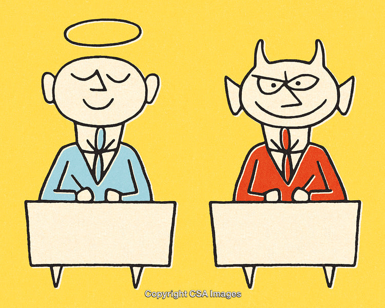 Illustration of Angel and Devil Characters in Business Setting on Yellow