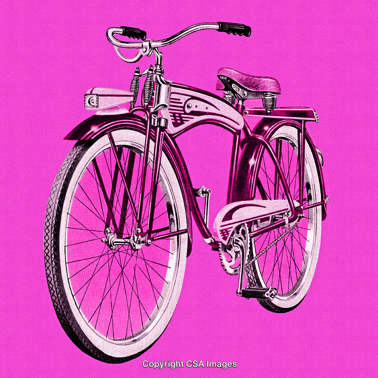 Retro Bicycle Illustration on Vibrant Pink Background with Bold Design