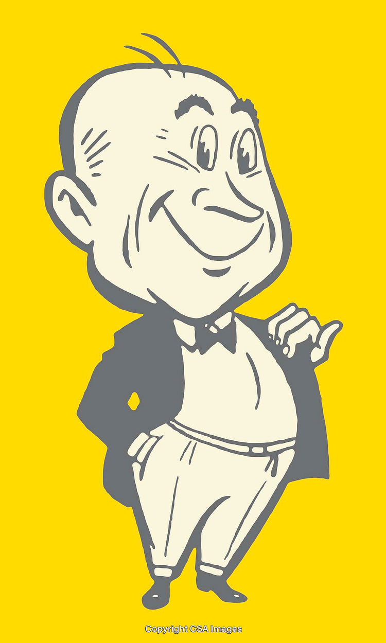 Retro Character Illustration of a Smiling Gentleman with a Bowtie on Yellow Background