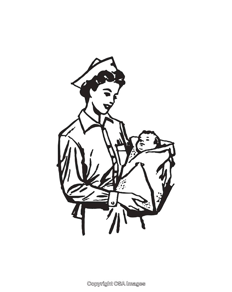 Vintage Line Art Illustration of a Nurse Holding a Swaddled Baby