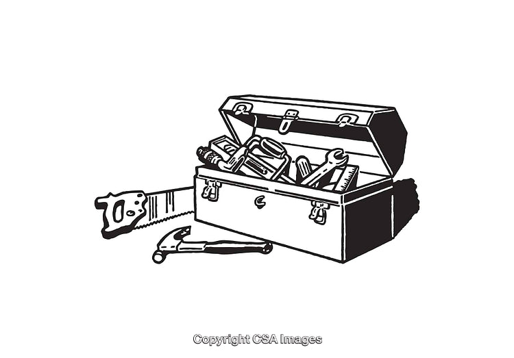 Black and White Line Art Illustration of a Toolbox with Tools
