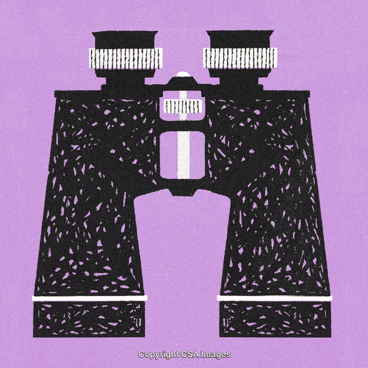 Abstract Illustration of Binoculars on Purple Background Highlighting Explorative Concepts