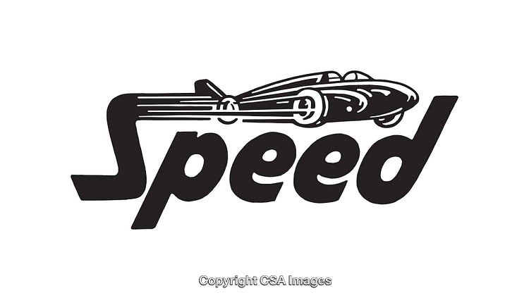Retro Speed Logo Featuring Streamlined Race Car Design in Black and White Line Art
