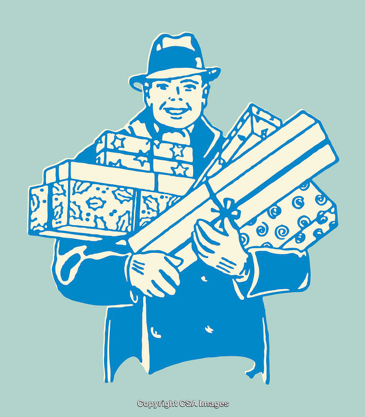 Man Carrying Holiday Gifts in Colorful Vintage Line Art Illustration