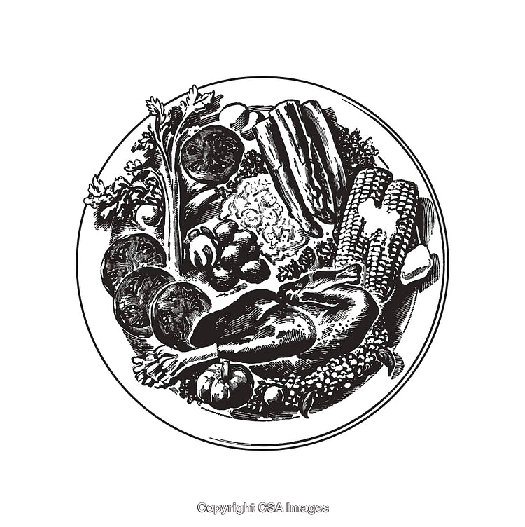 Intricate Black and White Line Drawing of a Food Plate Composition