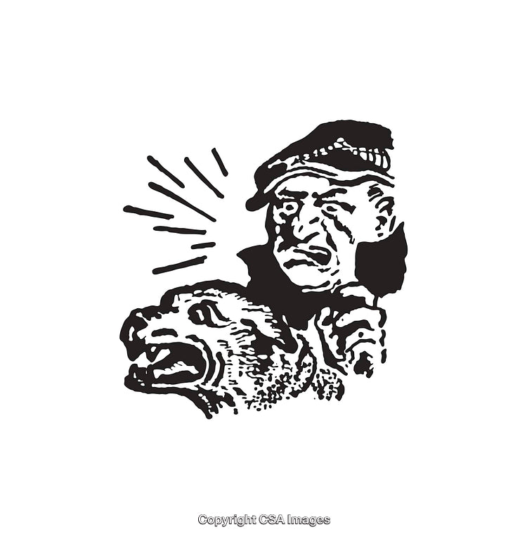 Vintage Black and White Illustration of Man with a Fierce Animal