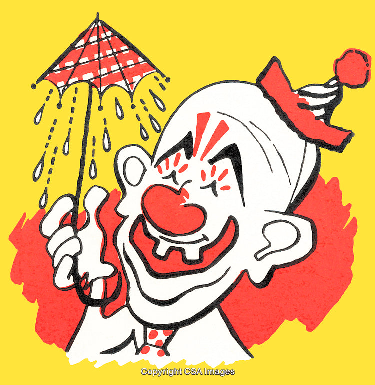 Playful Clown Holding Umbrella with Bright Yellow Background