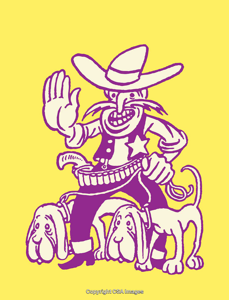 Cartoon Cowboy with Two Dogs on Bright Yellow Background