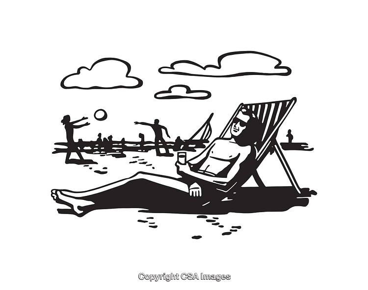 Black And White Line Art of a Relaxing Beach Scene with Activities