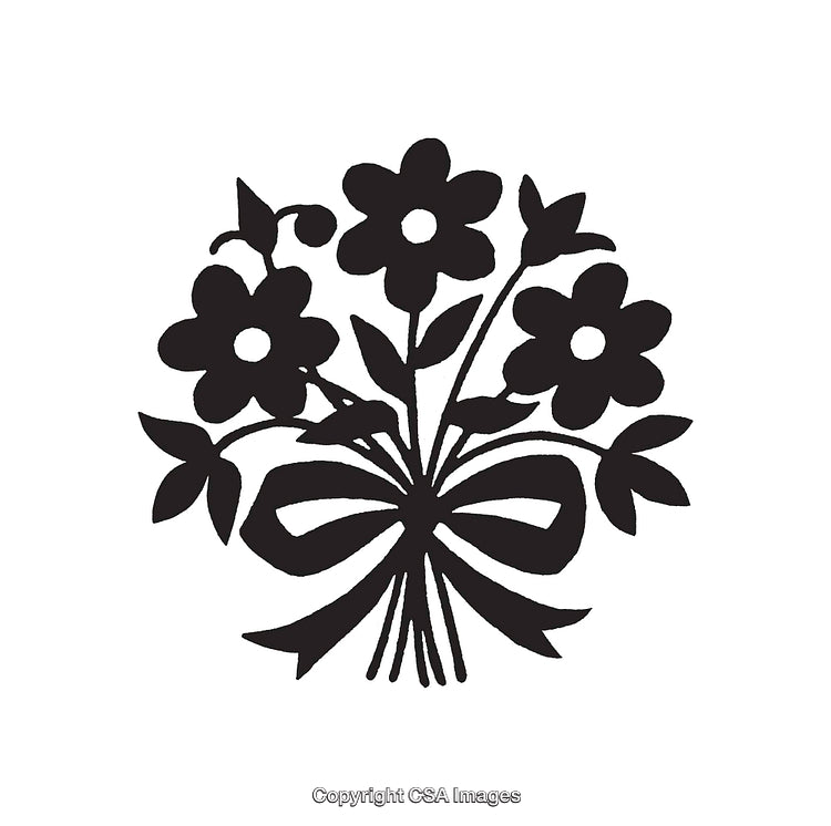 Black and White Illustration of a Floral Bouquet with Bow