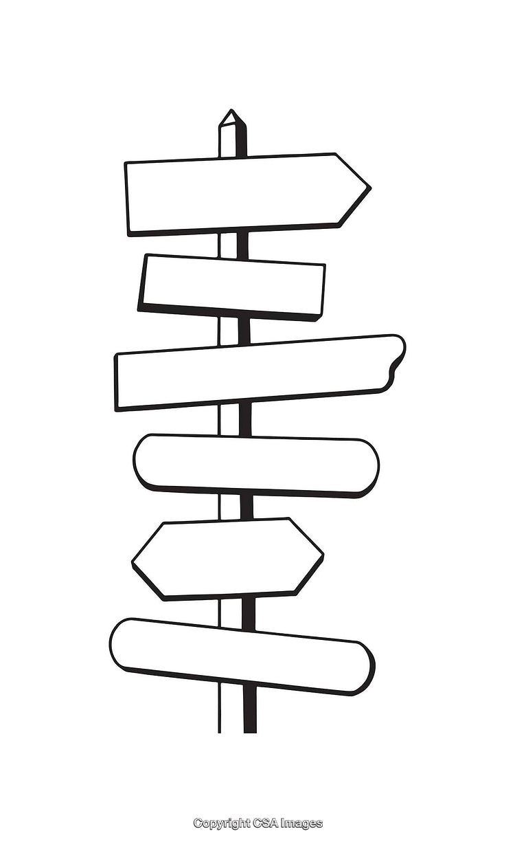 Black and White Directional Signpost Line Art for Guidance and Decisions