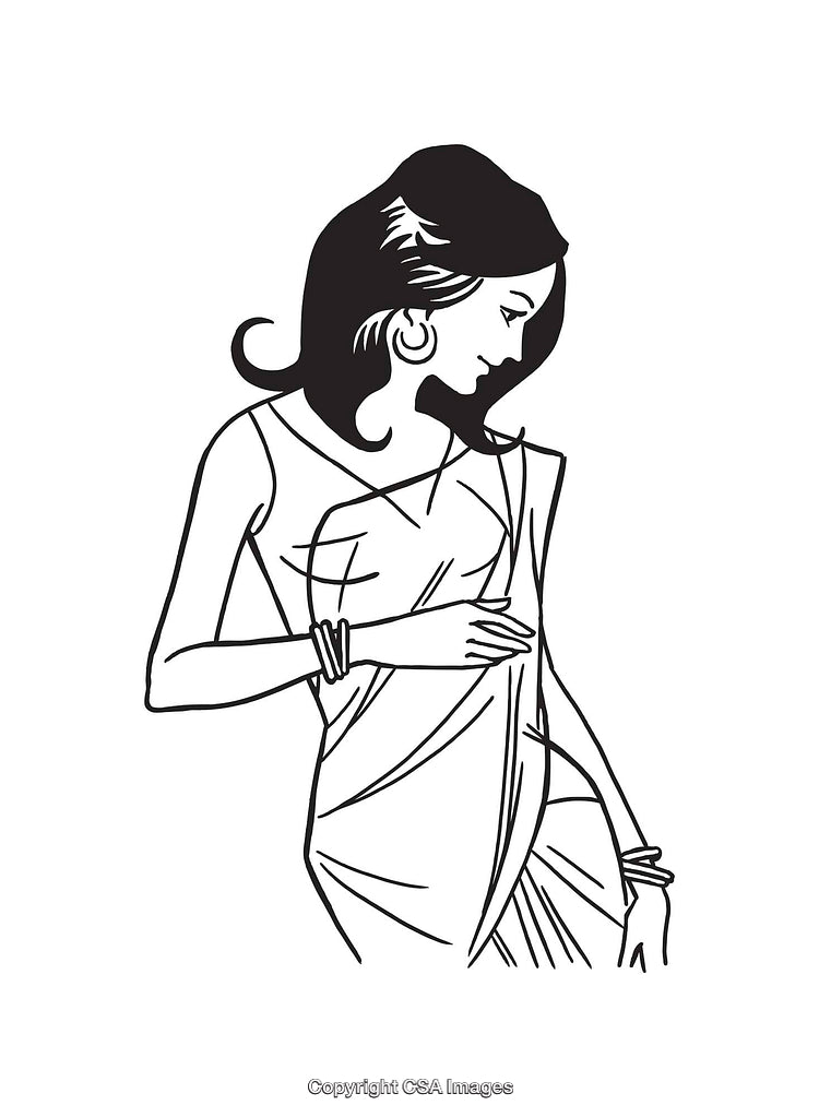 Elegant Black And White Line Art of a Woman in Traditional Attire