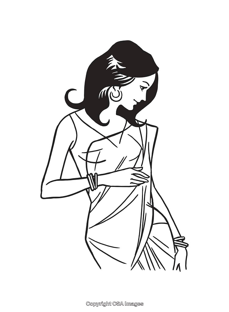 Elegant Black And White Line Art of a Woman in Traditional Attire