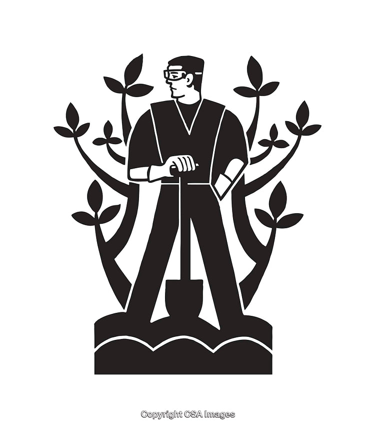 Black and White Line Art of a Man with a Shovel Surrounding by Branches